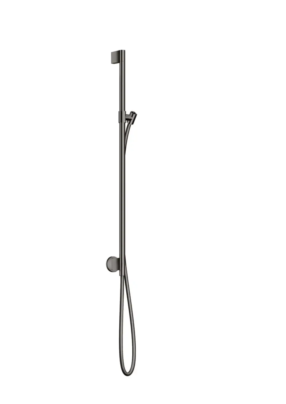 Schwarze Brausestange mit Wandanschluss und Brauseschlauch, hergestellt von AXOR. Die Halterung für den Schlauch ist deutlich sichtbar, der gesamte Aufbau ist modern und funktional.